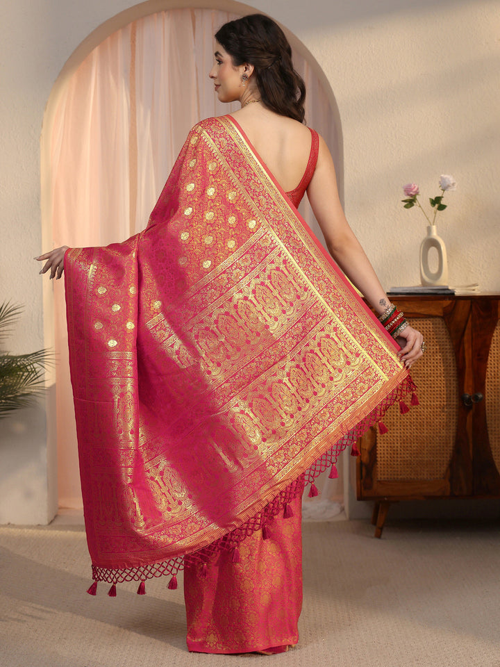 Libas Red Mughal Floral Woven Design Silk Blend Saree