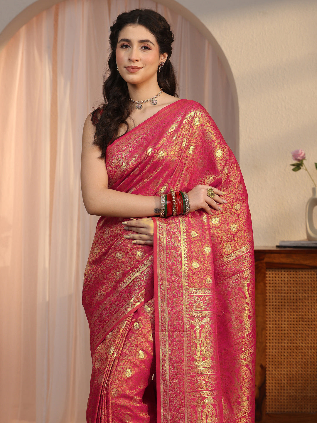 Libas Red Mughal Floral Woven Design Silk Blend Saree