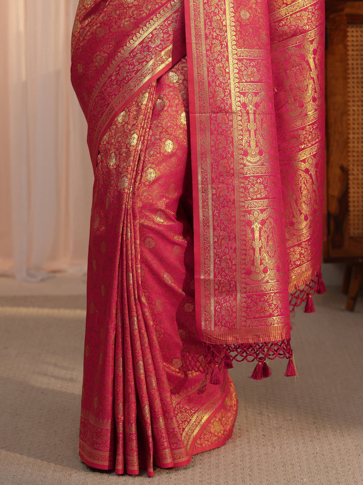 Libas Red Mughal Floral Woven Design Silk Blend Saree