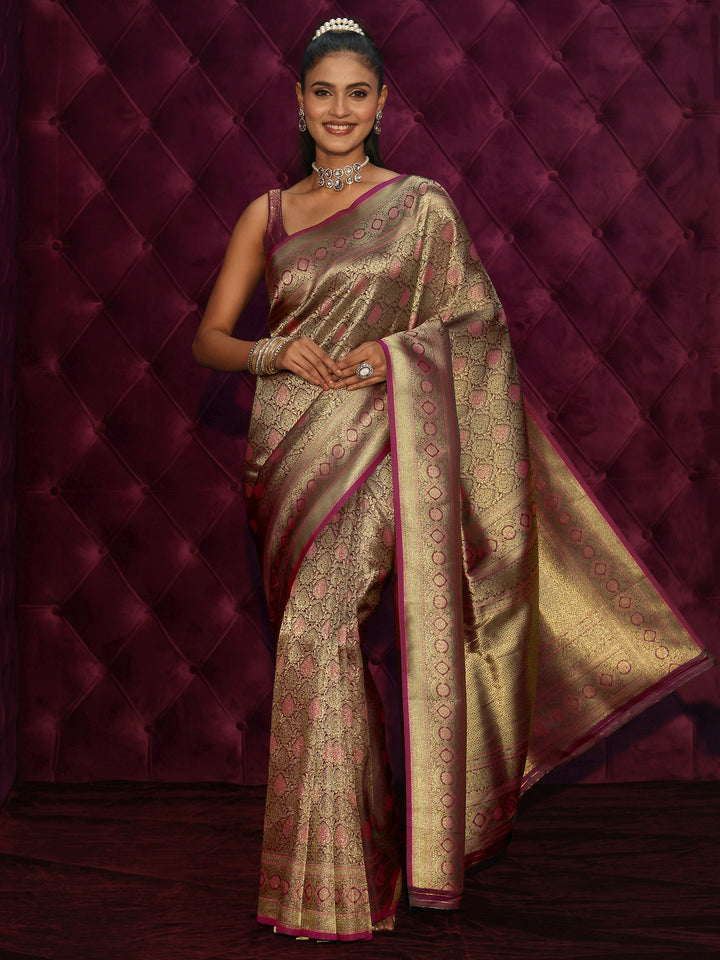 Libas Burgundy Banarasi Silk Blend Saree