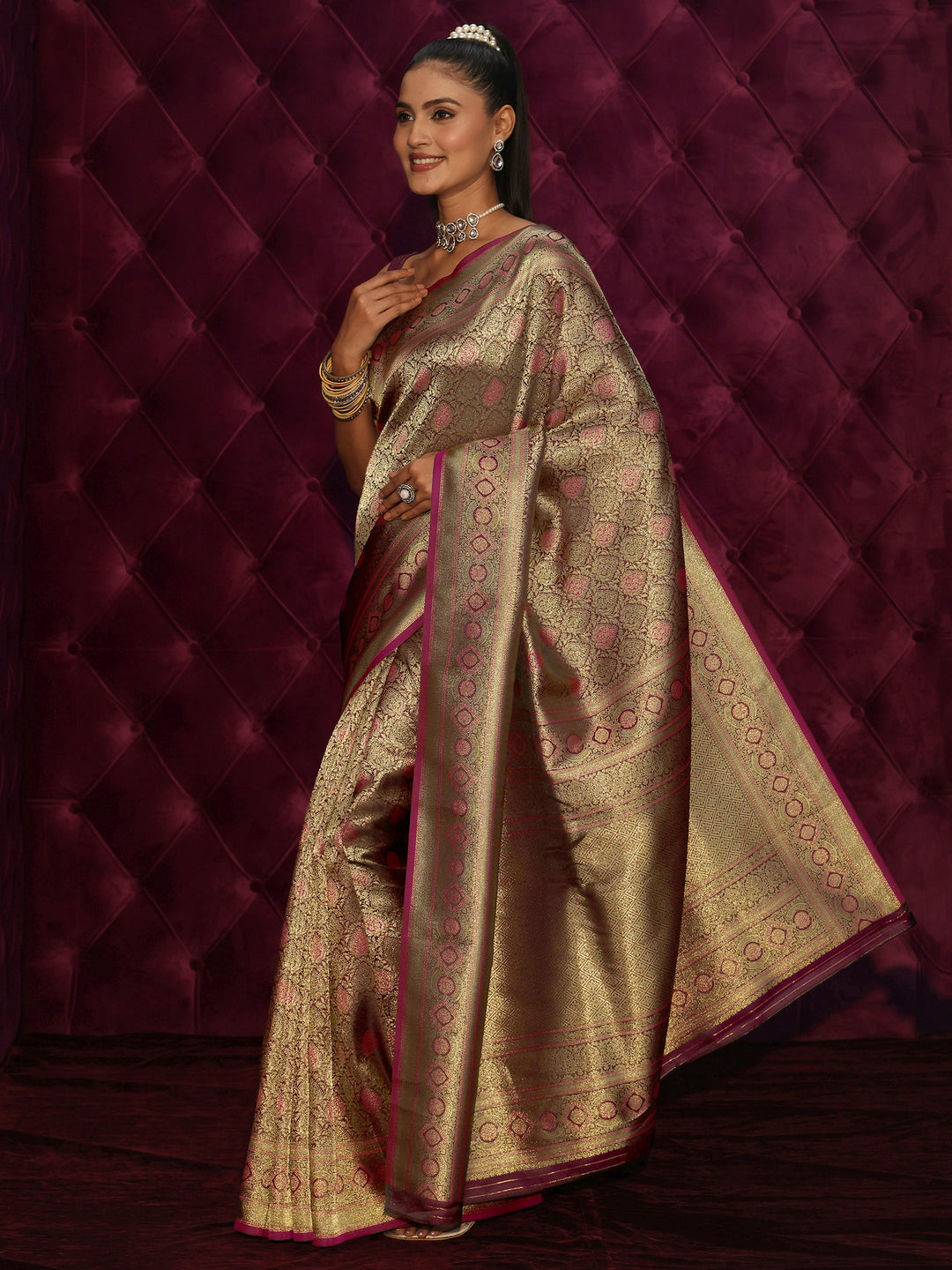Libas Burgundy Banarasi Silk Blend Saree