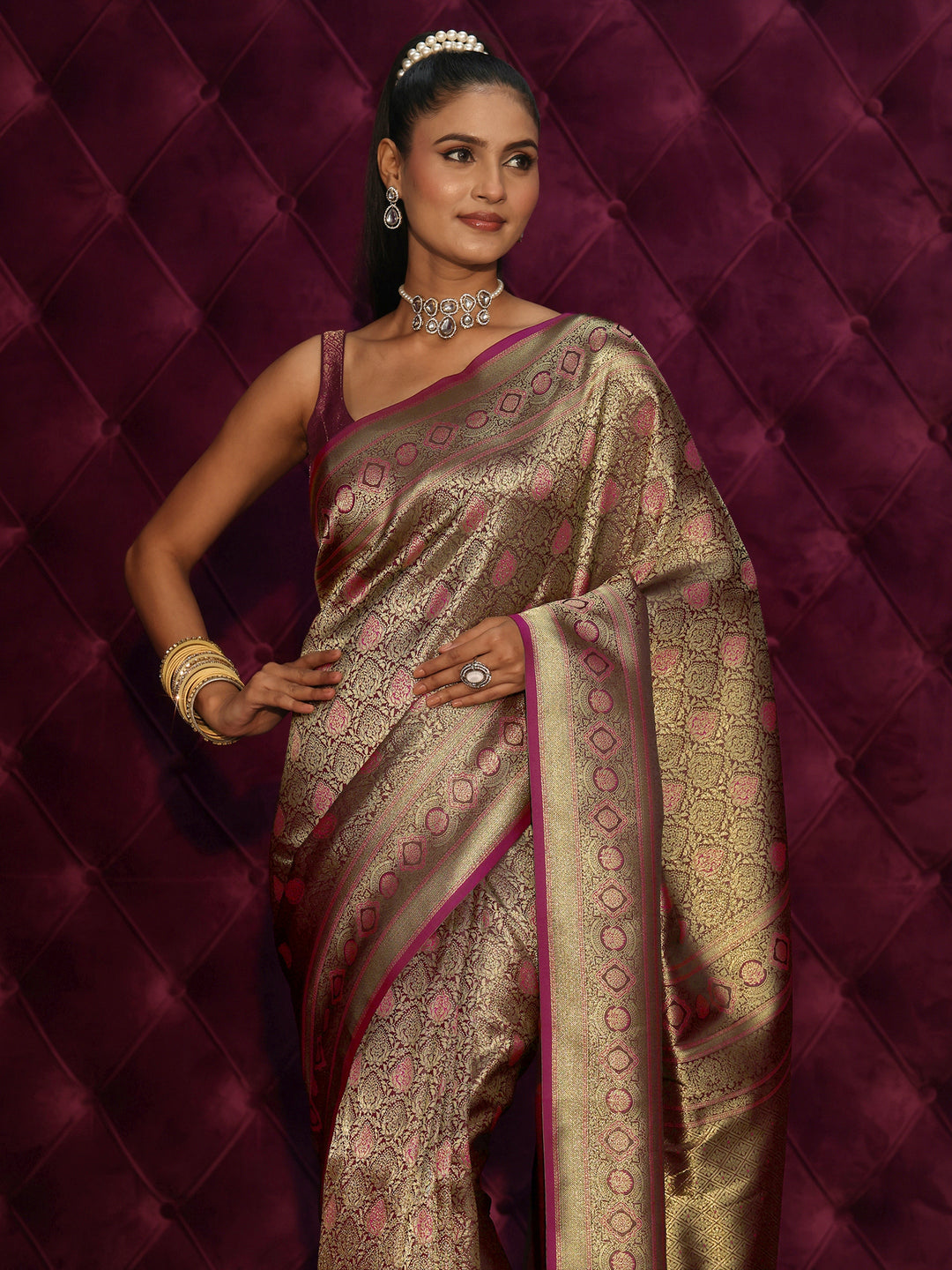 Libas Burgundy Banarasi Silk Blend Saree