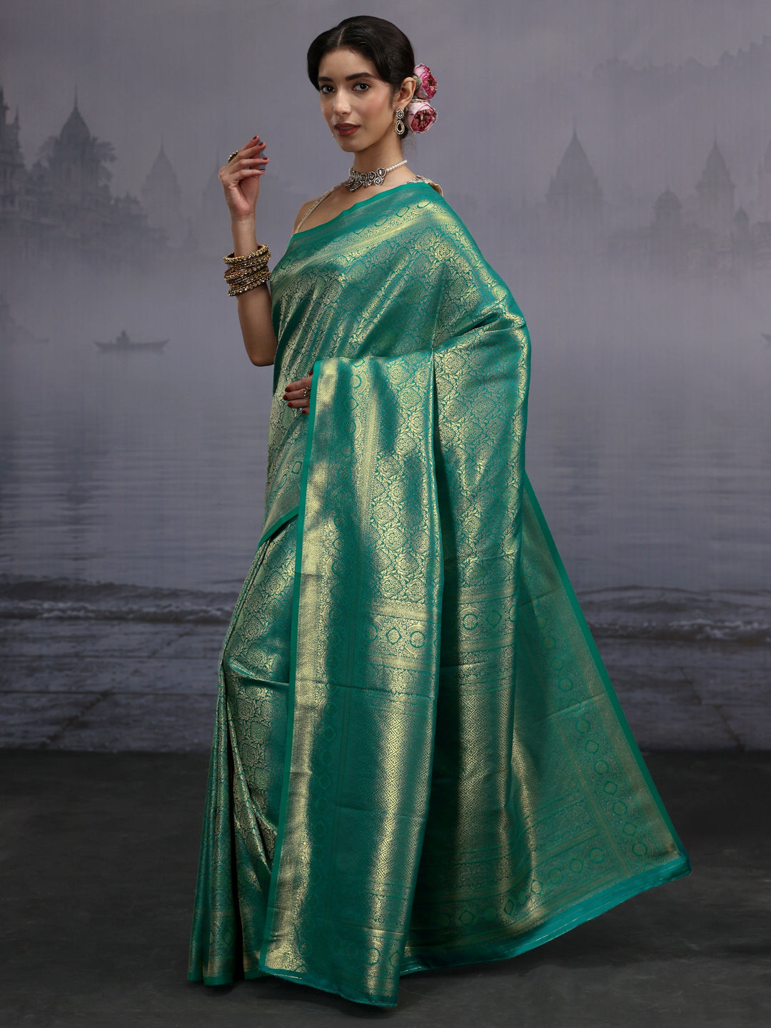 Libas Sea Green Woven Design Silk Blend Saree