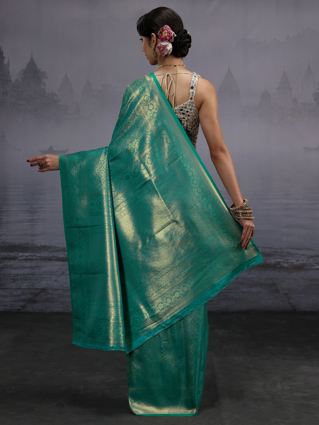 Libas Sea Green Woven Design Silk Blend Saree