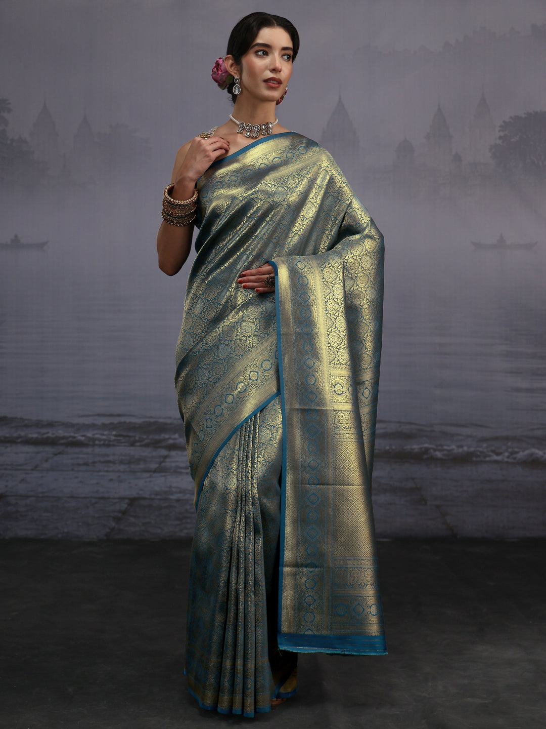 Libas Teal Blue Banarasi Silk Blend Saree