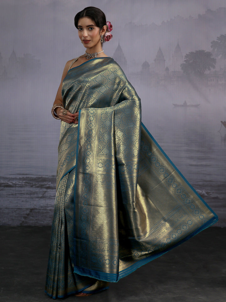 Libas Teal Blue Banarasi Silk Blend Saree