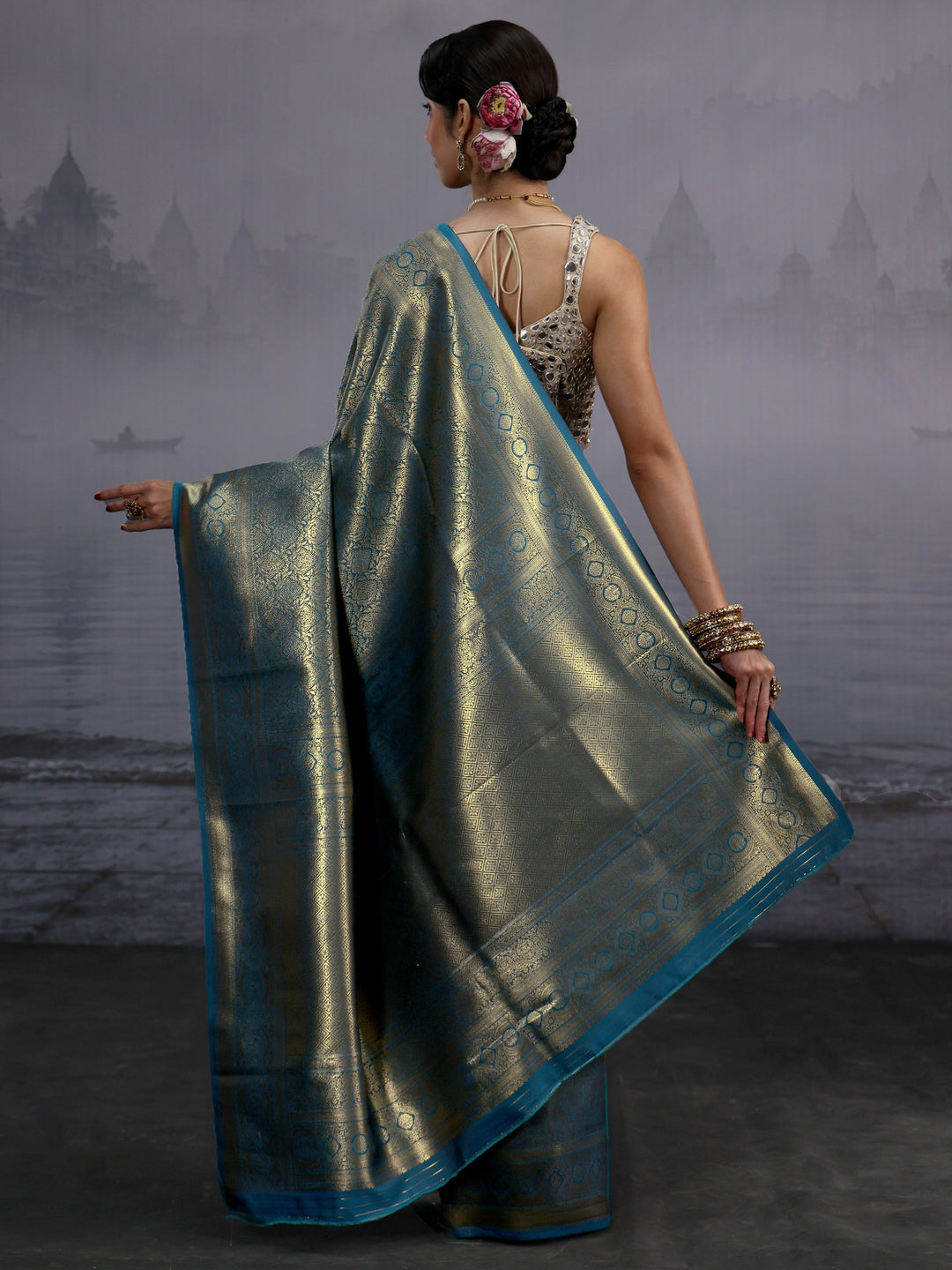 Libas Teal Blue Banarasi Silk Blend Saree