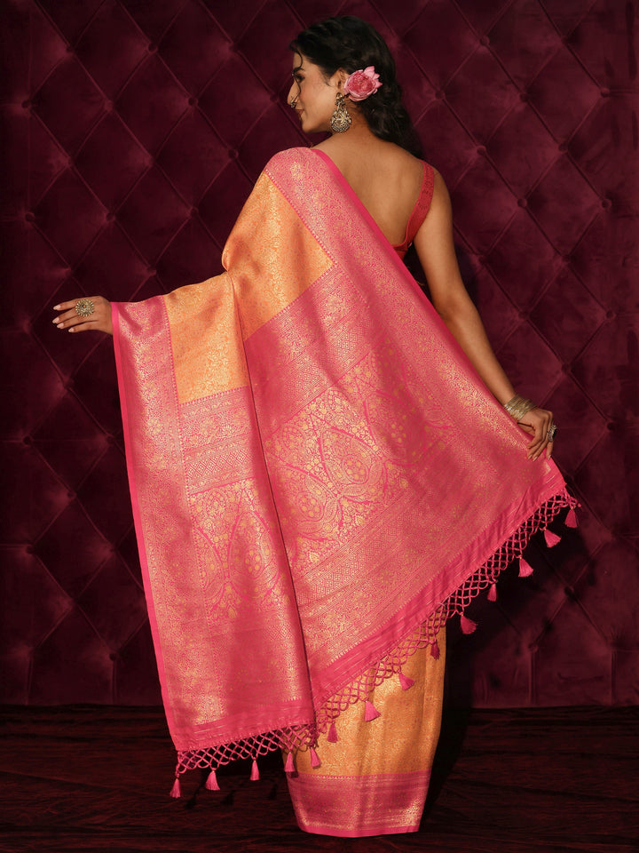 Libas Orange and Pink Floral Woven Design Silk Blend Tassel Saree