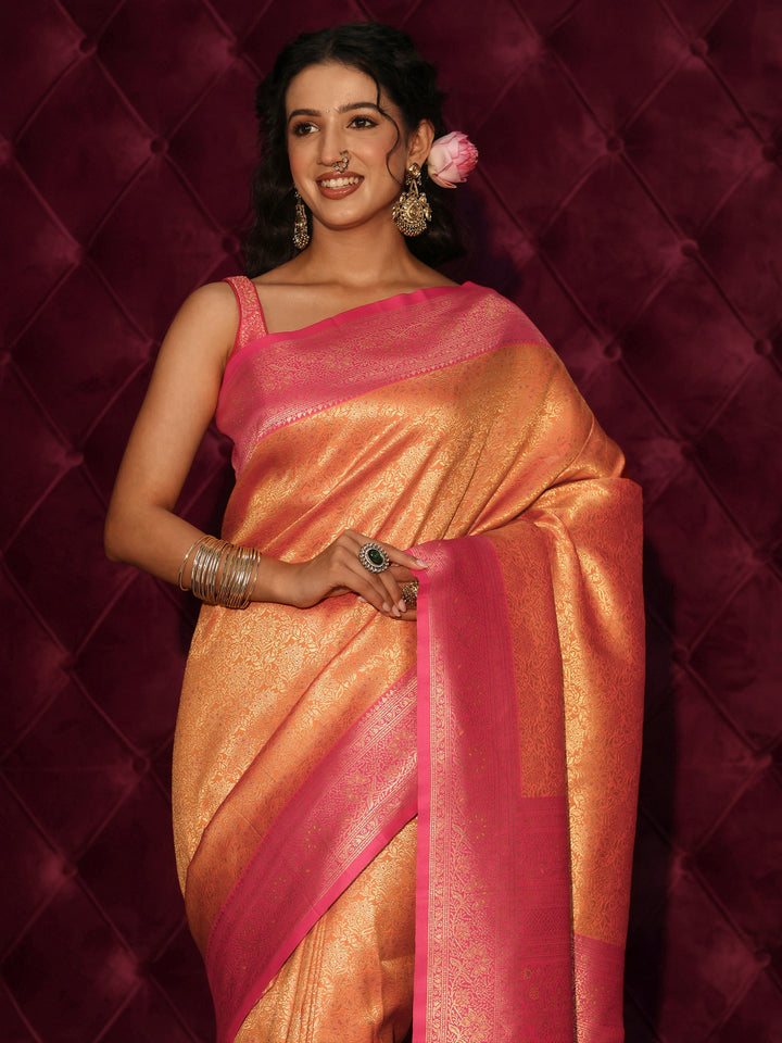 Libas Orange and Pink Floral Woven Design Silk Blend Tassel Saree