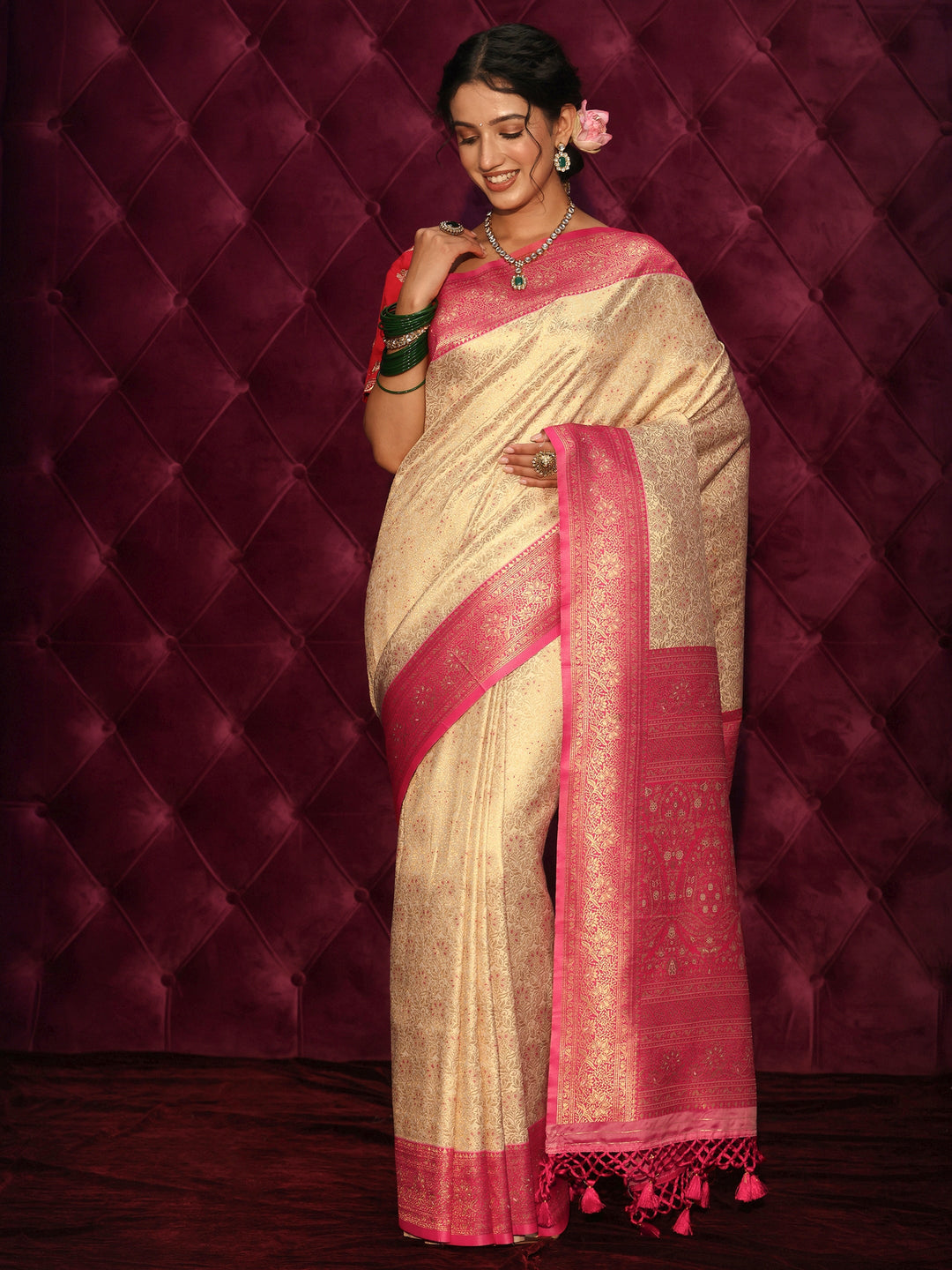 Libas Cream and Red Floral Woven Design Silk Blend Tassel Saree