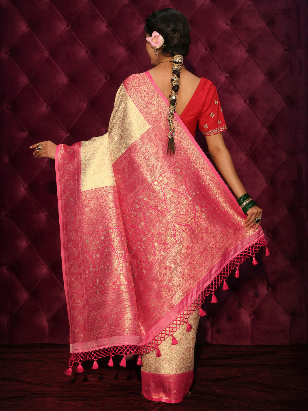 Libas Cream and Red Floral Woven Design Silk Blend Tassel Saree