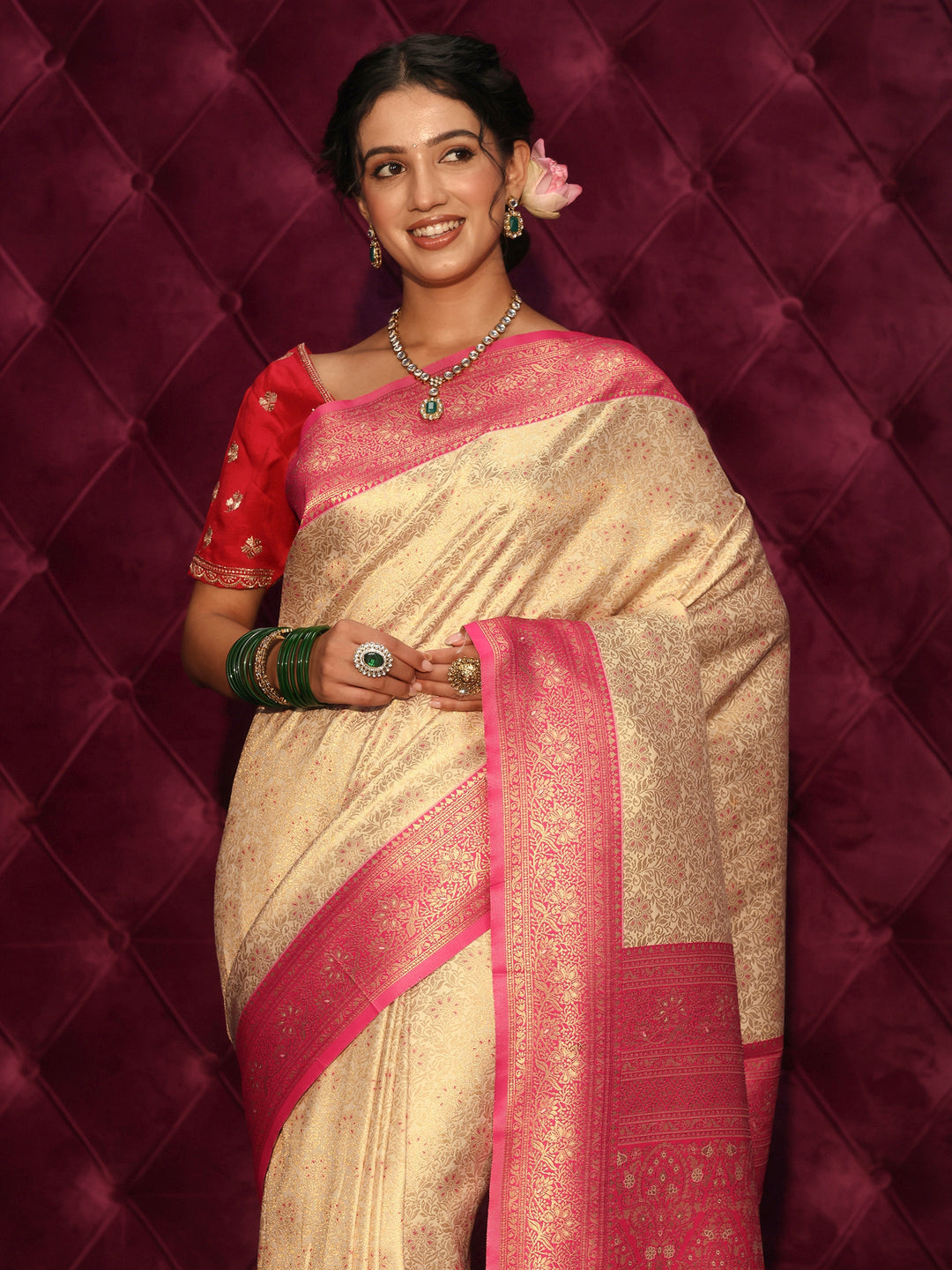 Libas Cream and Red Floral Woven Design Silk Blend Tassel Saree
