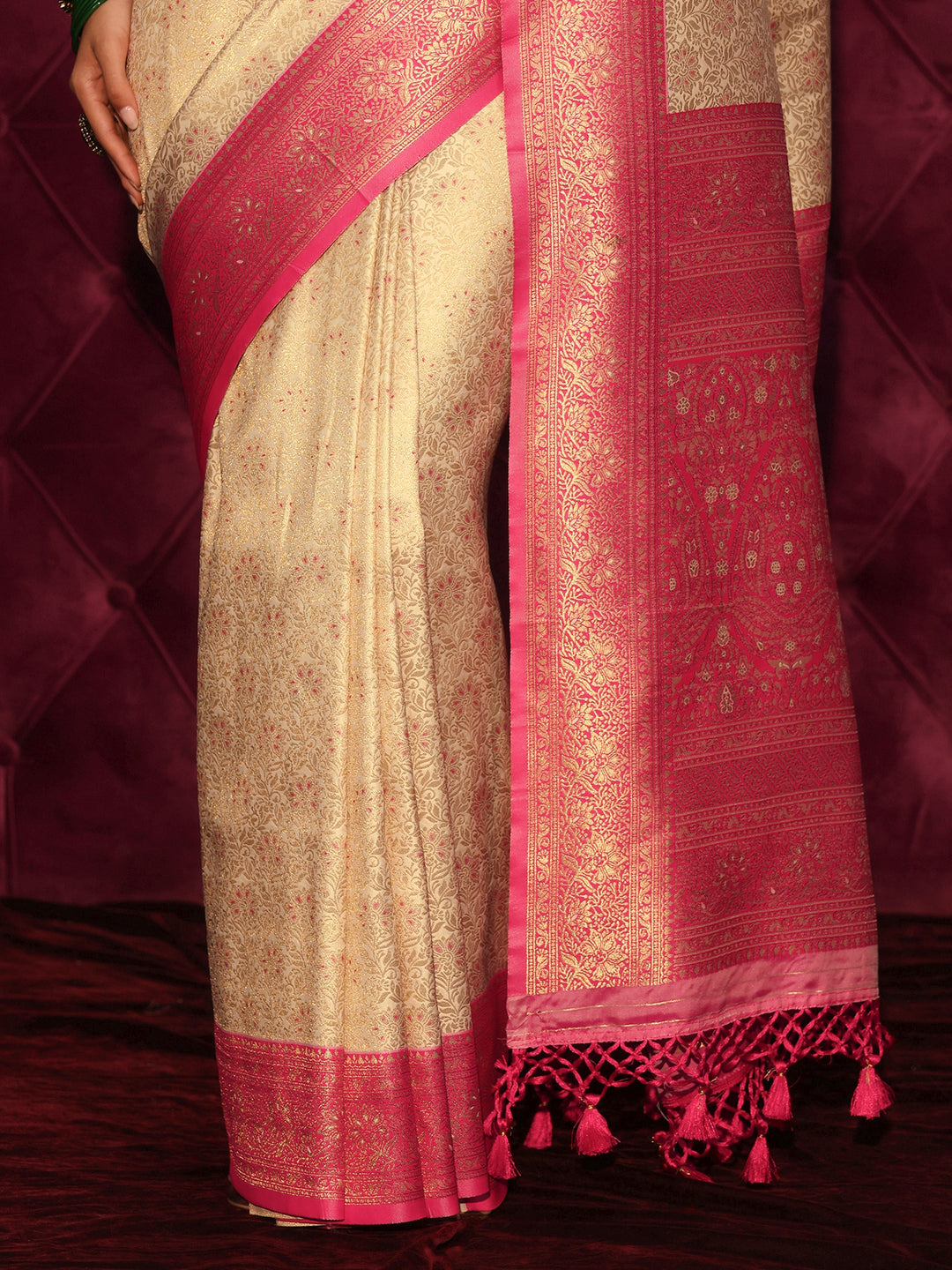 Libas Cream and Red Floral Woven Design Silk Blend Tassel Saree