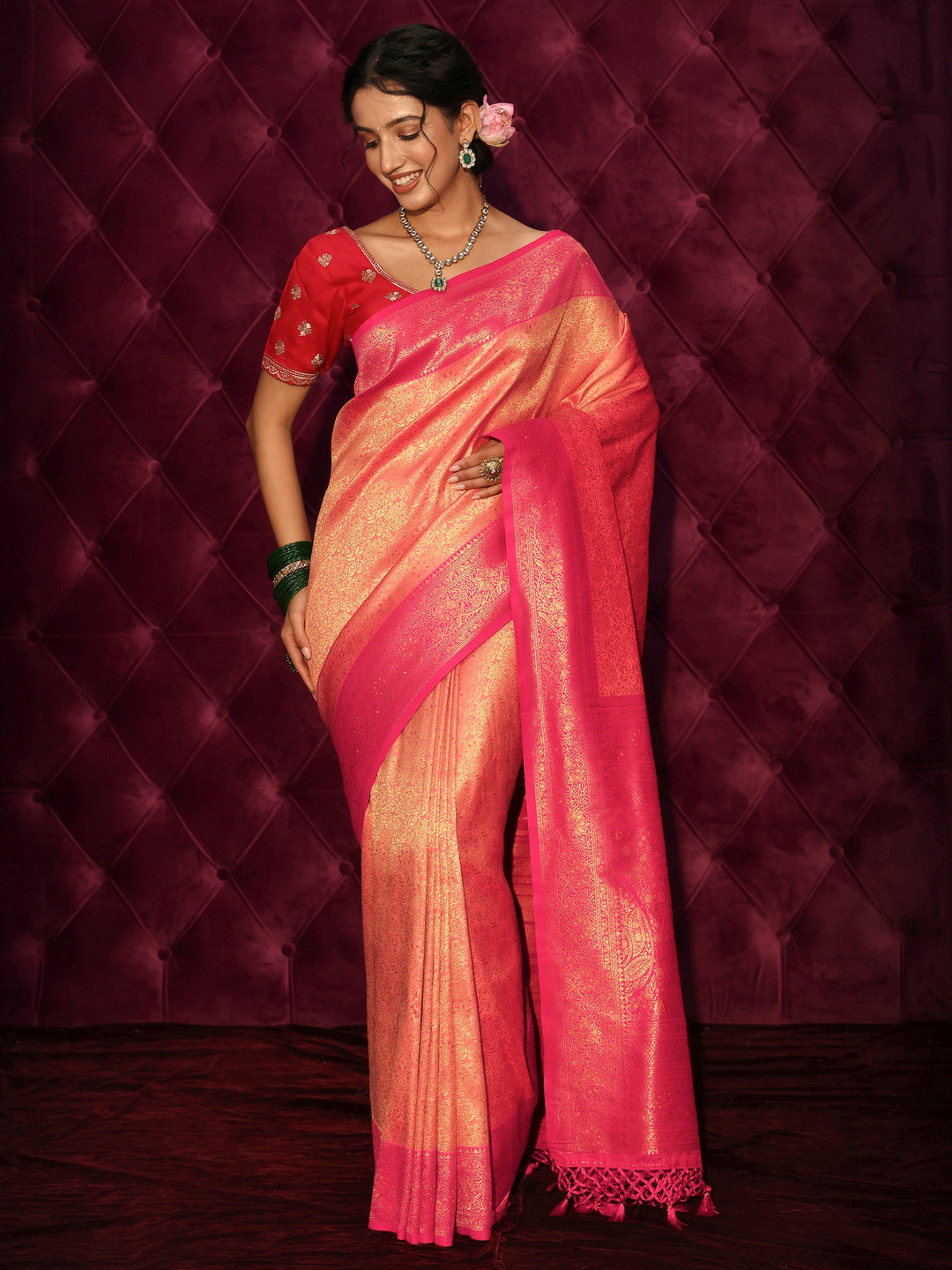 Libas Peach Floral Woven Design Silk Blend Tassel Saree