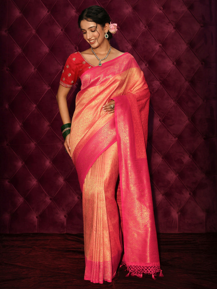 Libas Peach Floral Woven Design Silk Blend Tassel Saree