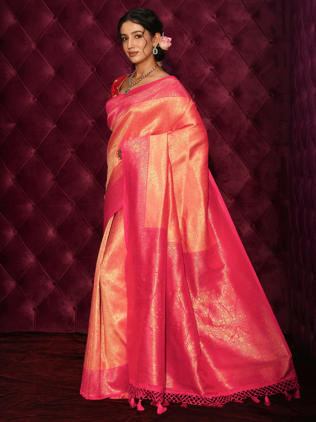 Libas Peach Floral Woven Design Silk Blend Tassel Saree