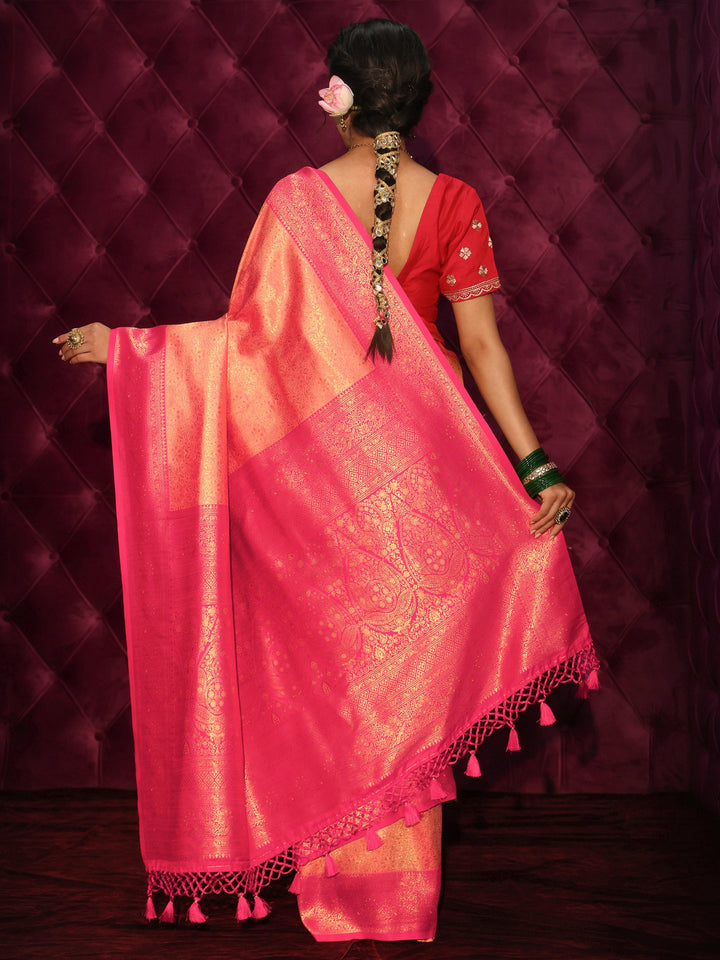 Libas Peach Floral Woven Design Silk Blend Tassel Saree