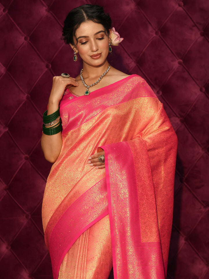 Libas Peach Floral Woven Design Silk Blend Tassel Saree