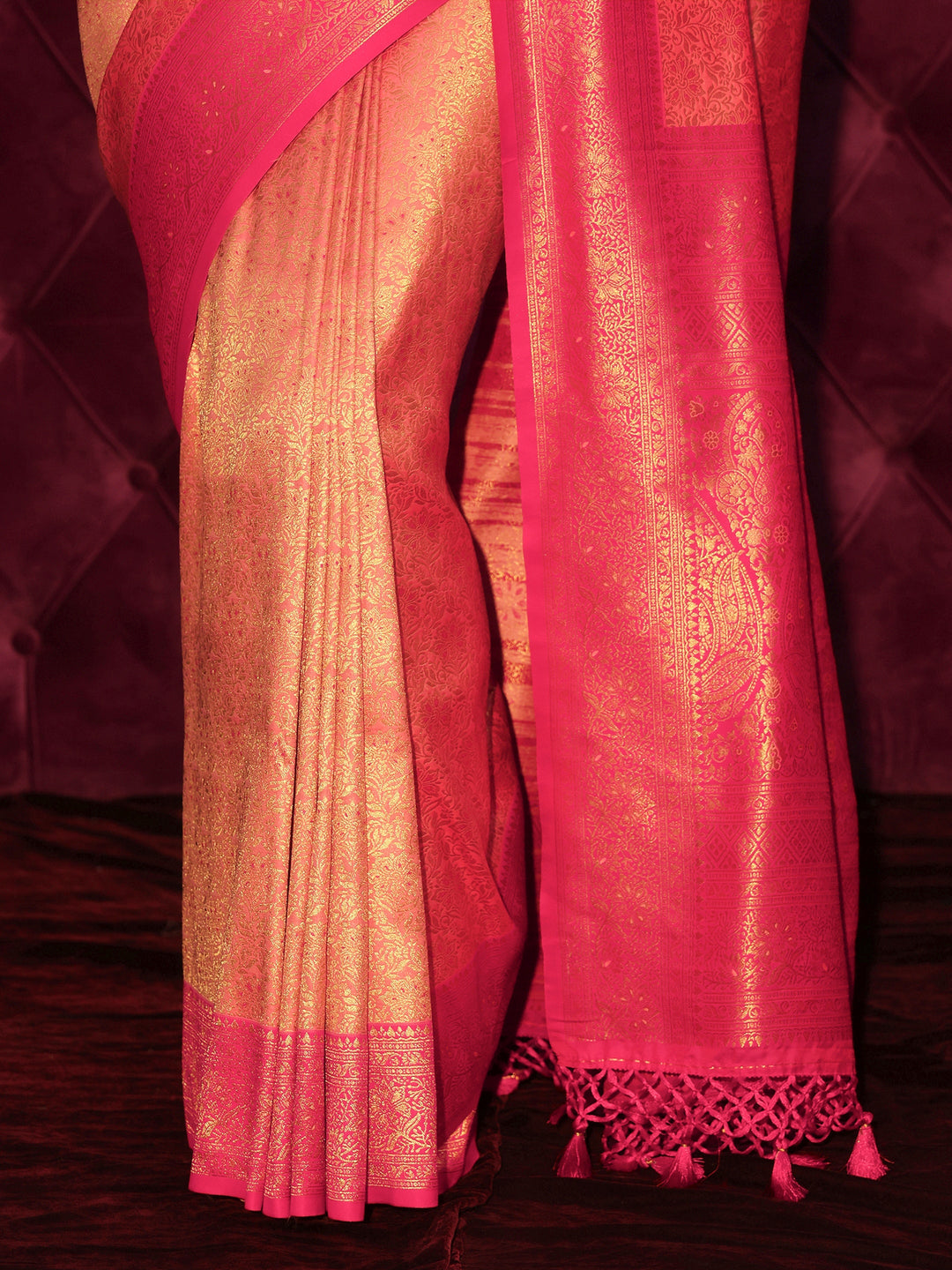 Libas Peach Floral Woven Design Silk Blend Tassel Saree