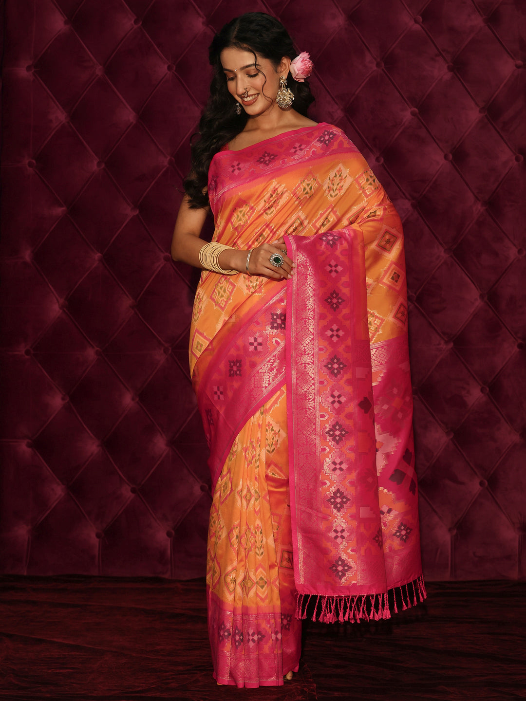 Libas Orange and Pink Ethnic Woven Design Silk Blend Saree