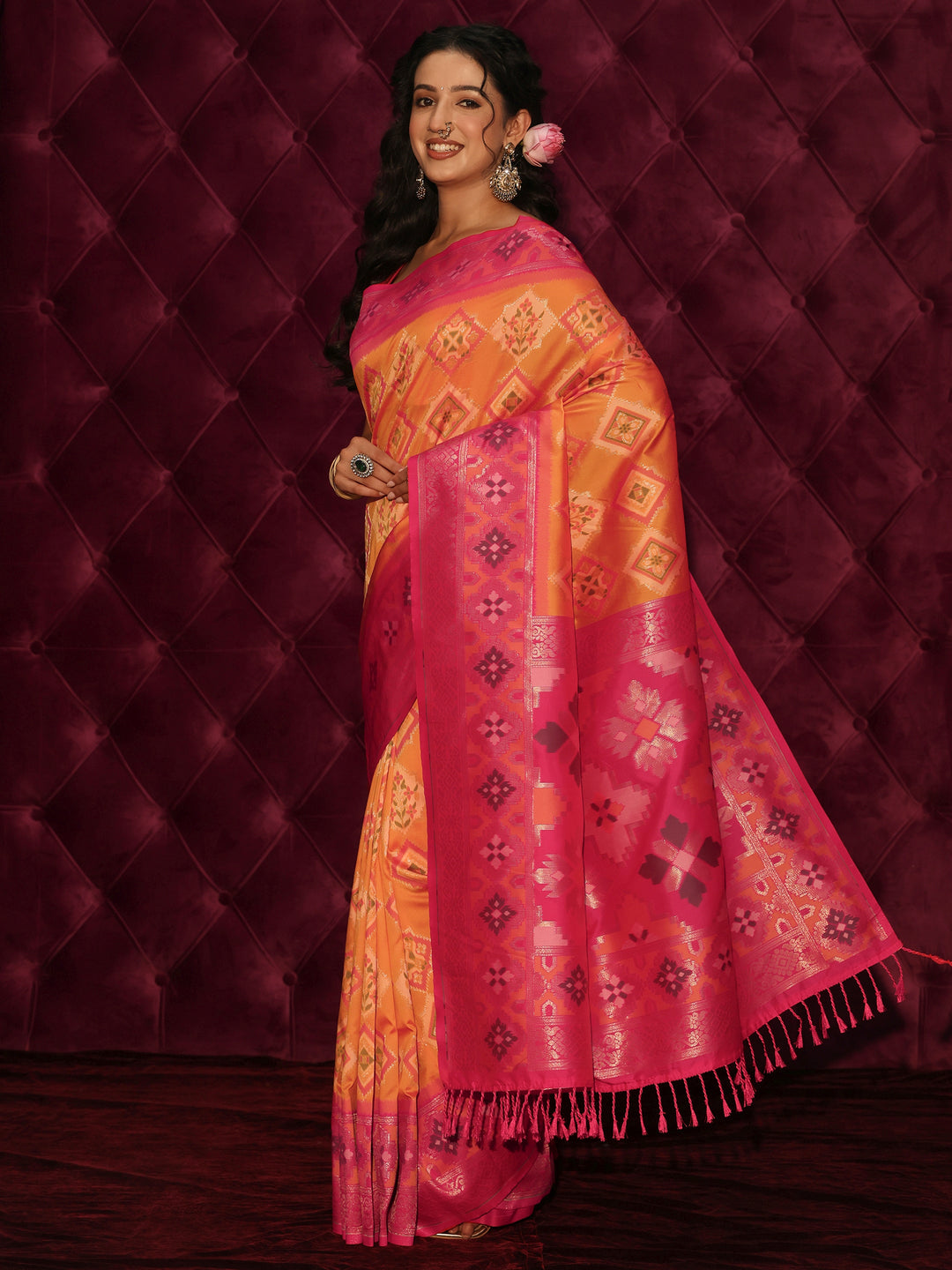 Libas Orange and Pink Ethnic Woven Design Silk Blend Saree