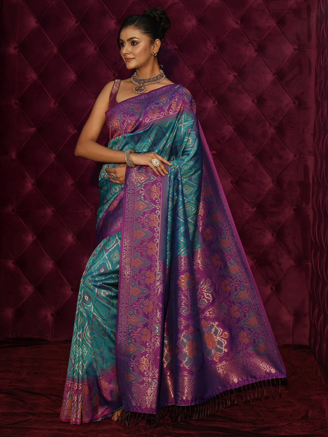Libas Teal Green and Purple Silk Blend Patola Saree
