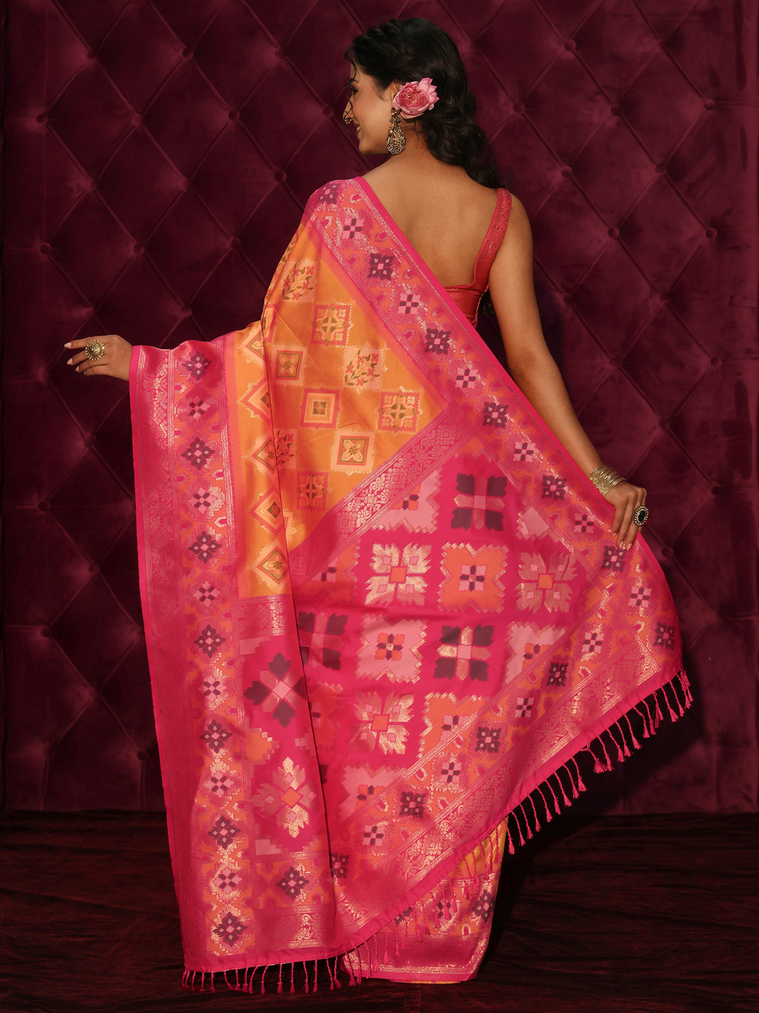 Libas Orange and Pink Ethnic Woven Design Silk Blend Saree