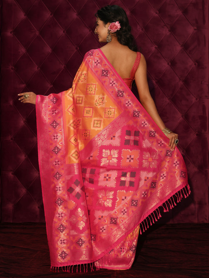 Libas Orange and Pink Ethnic Woven Design Silk Blend Saree
