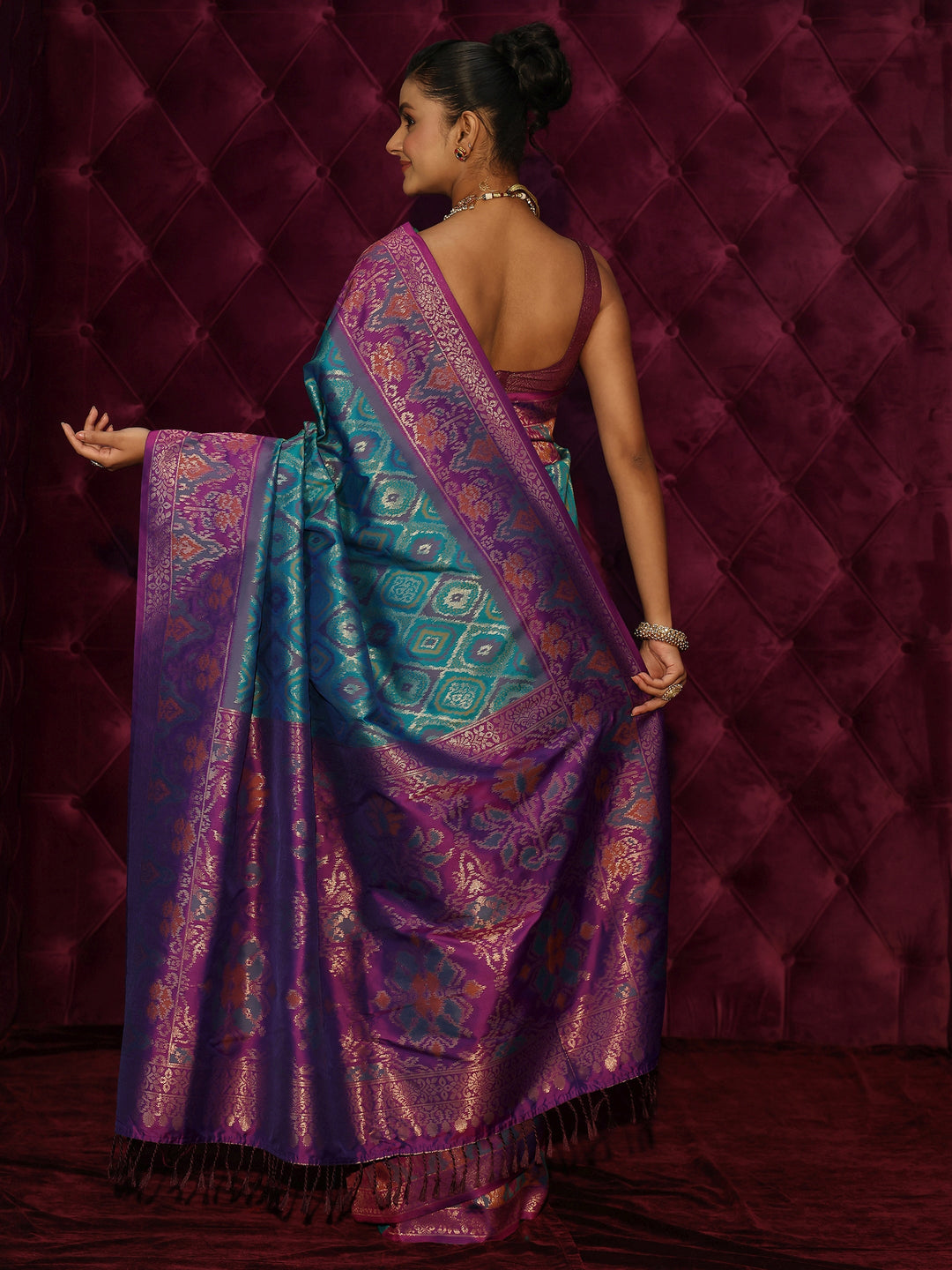 Libas Teal Green and Purple Silk Blend Patola Saree