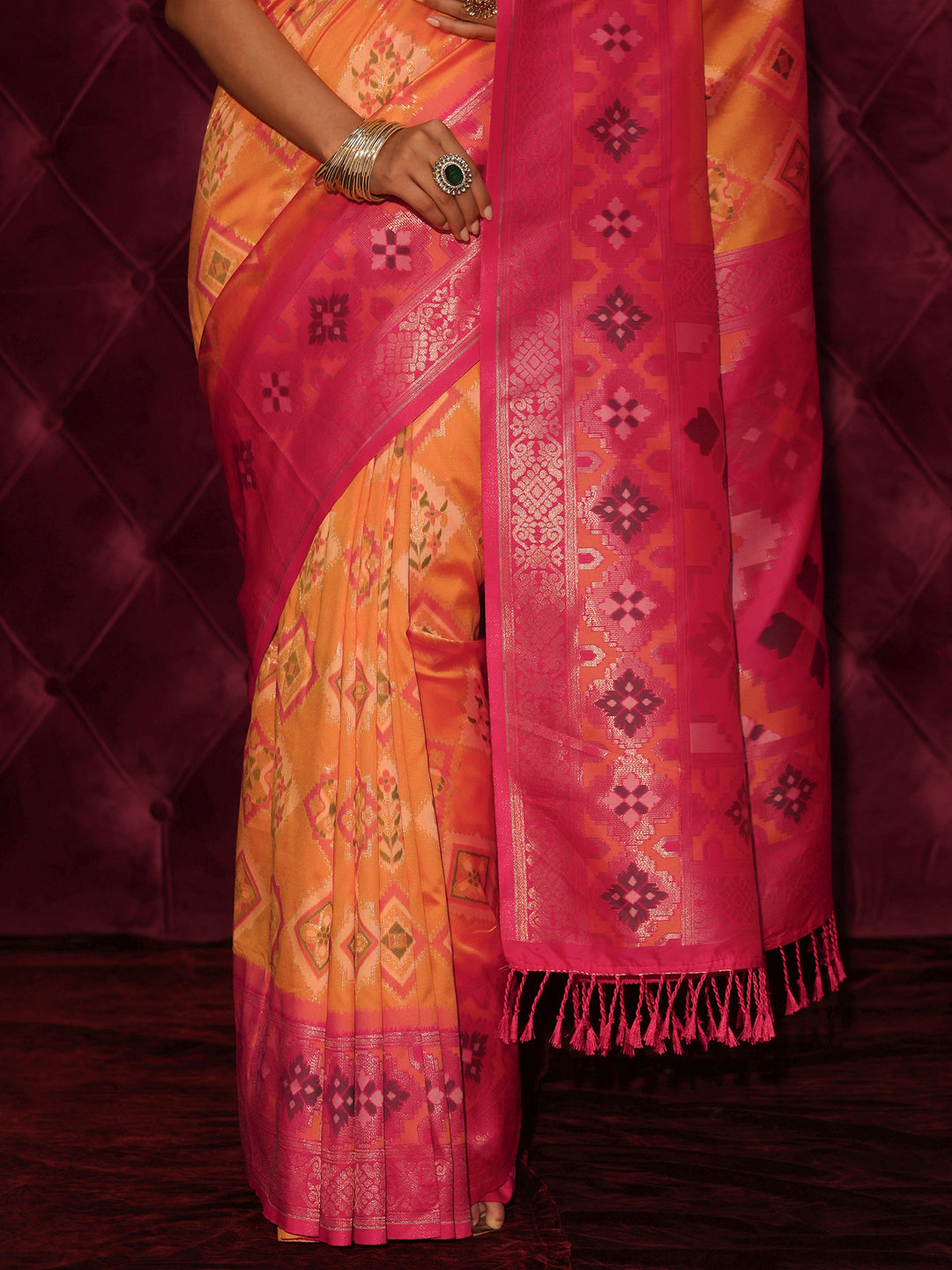 Libas Orange and Pink Ethnic Woven Design Silk Blend Saree