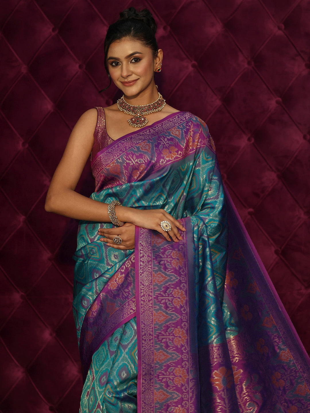 Libas Teal Green and Purple Silk Blend Patola Saree