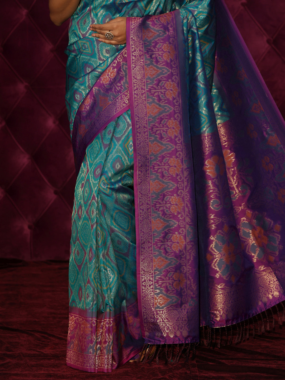 Libas Teal Green and Purple Silk Blend Patola Saree