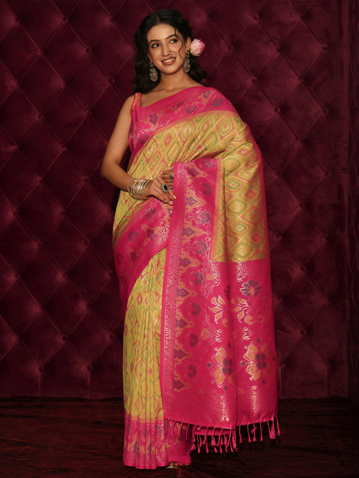 Libas Mustard and Pink Ethnic Woven Design Silk Blend Saree