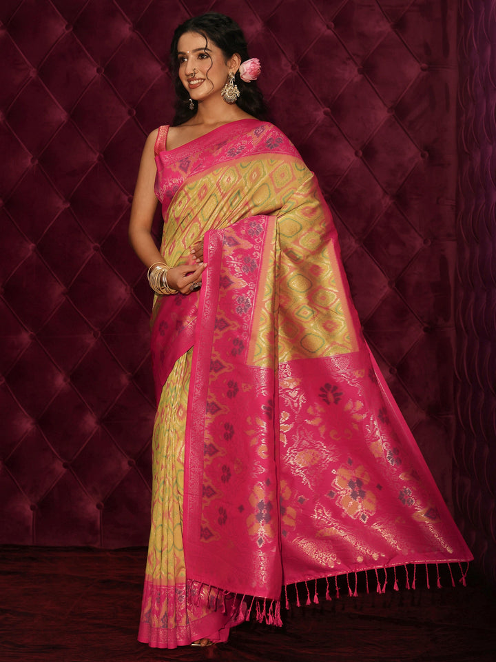 Libas Mustard and Pink Ethnic Woven Design Silk Blend Saree