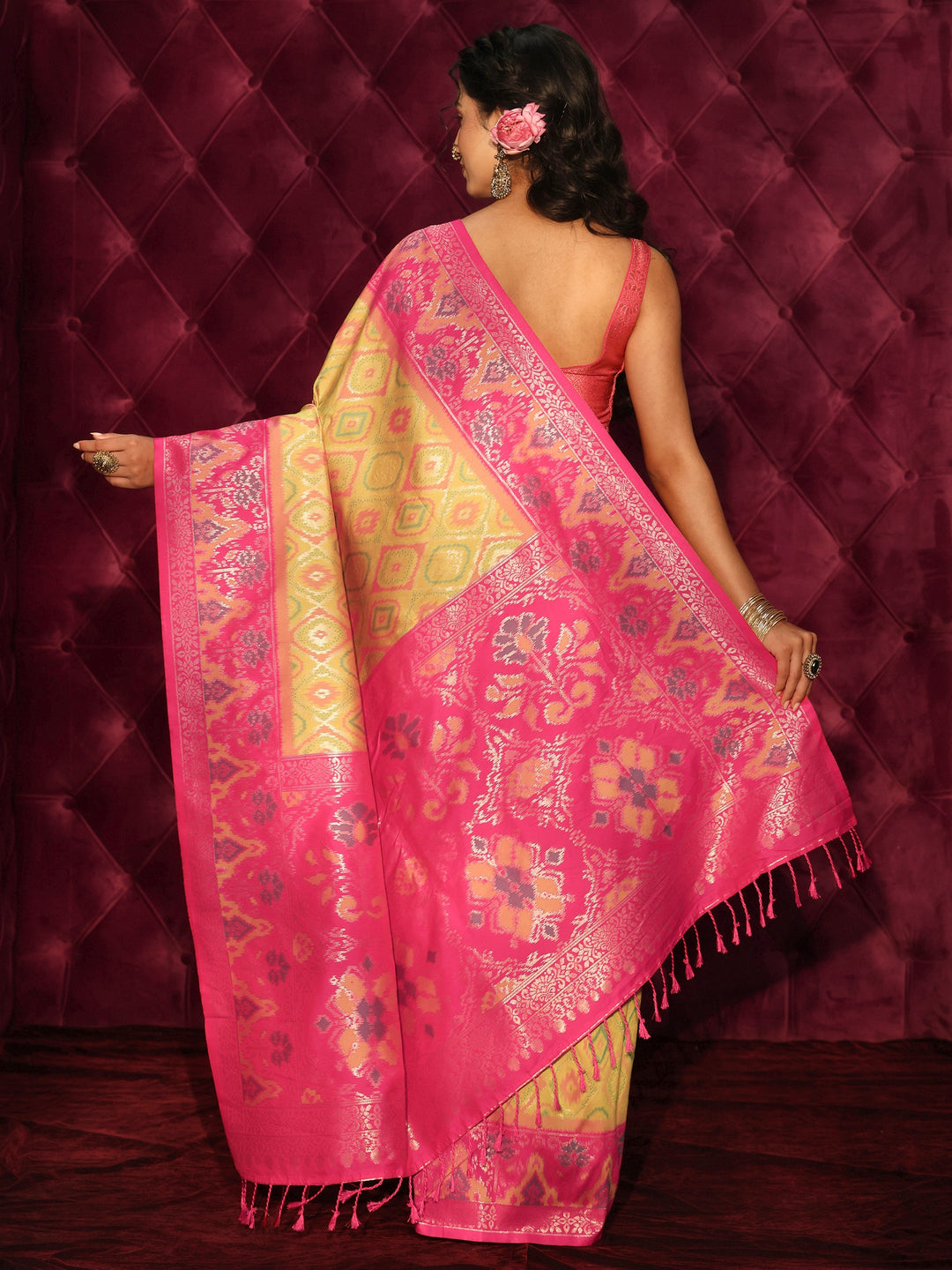 Libas Mustard and Pink Ethnic Woven Design Silk Blend Saree