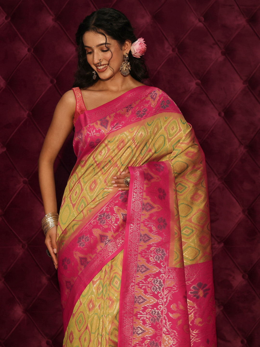 Libas Mustard and Pink Ethnic Woven Design Silk Blend Saree