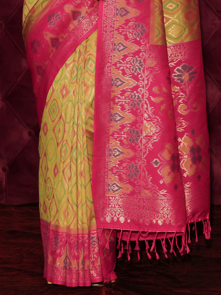 Libas Mustard and Pink Ethnic Woven Design Silk Blend Saree