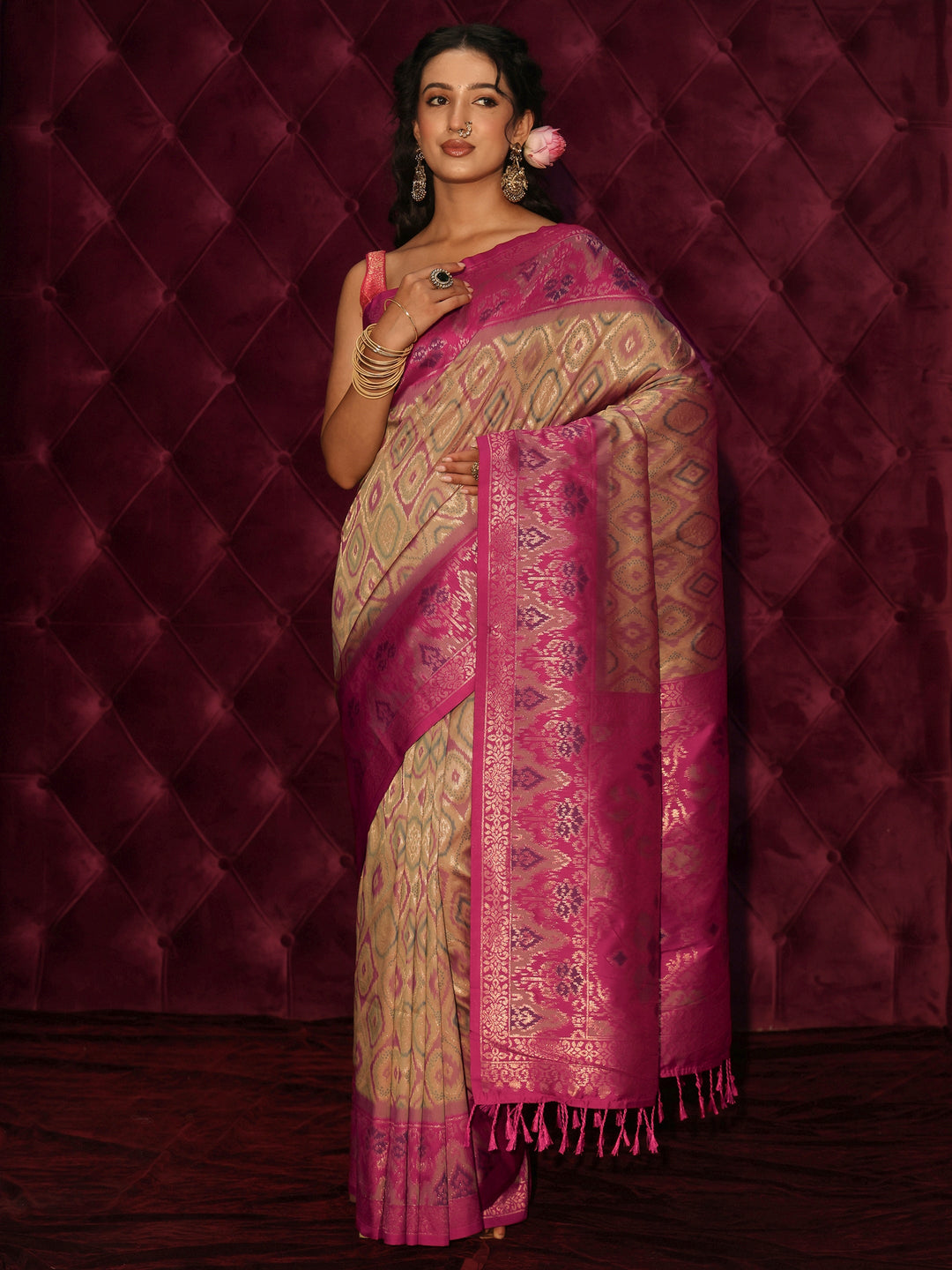 Libas Beige Ethnic Woven Design Silk Blend Saree