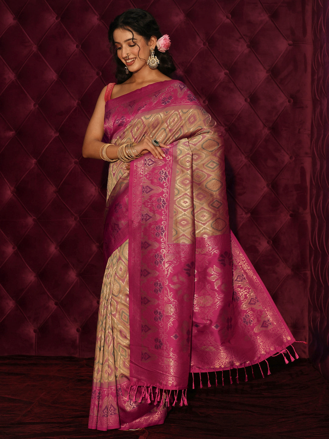 Libas Beige Ethnic Woven Design Silk Blend Saree