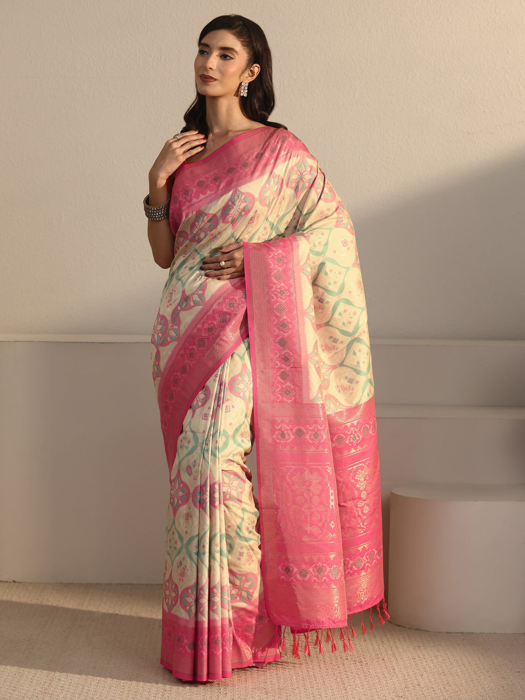 Libas Cream and Pink Ethnic Woven Design Silk Blend Tassel Saree