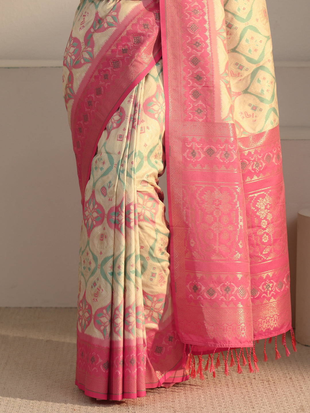 Libas Cream and Pink Ethnic Woven Design Silk Blend Tassel Saree