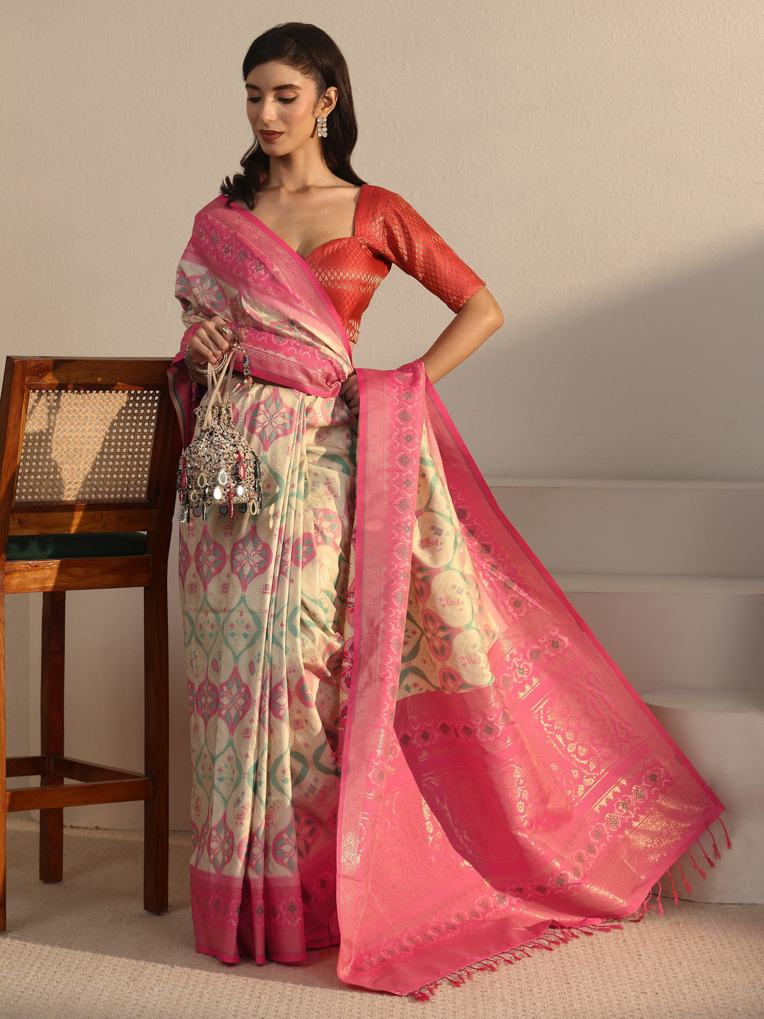 Libas Cream and Pink Ethnic Woven Design Silk Blend Tassel Saree