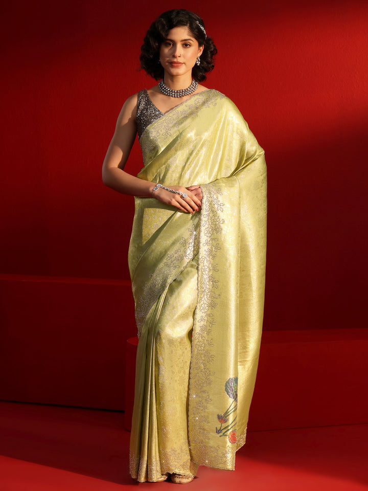 Libas Green Floral Woven Design Silk Saree with Embellished Border