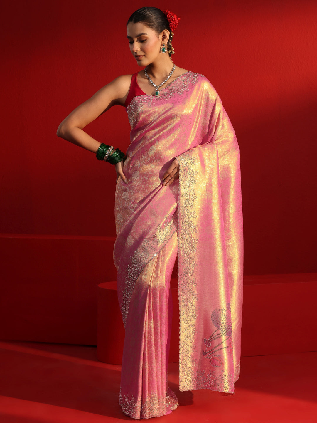Libas Peach Floral Woven Design Silk Saree with Embellished Border