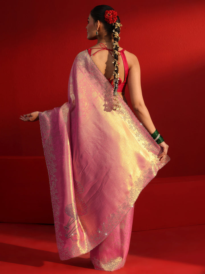 Libas Peach Floral Woven Design Silk Saree with Embellished Border