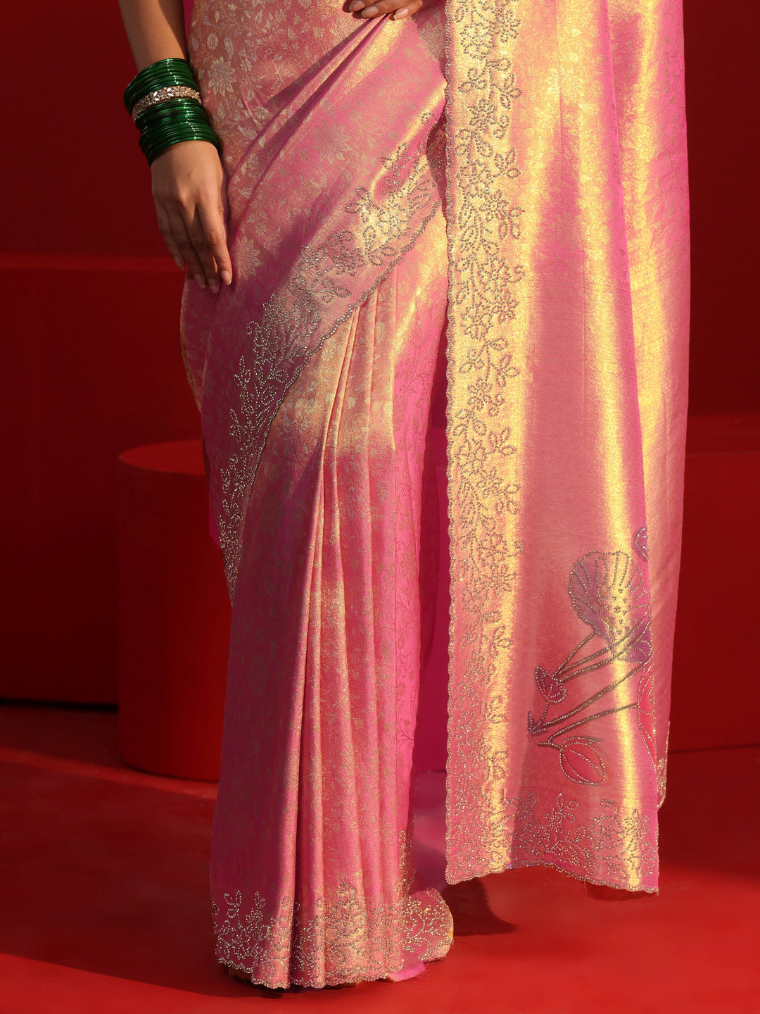 Libas Peach Floral Woven Design Silk Saree with Embellished Border