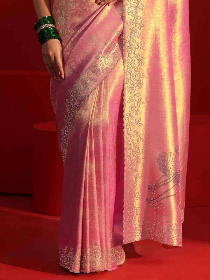 Libas Peach Floral Woven Design Silk Saree with Embellished Border