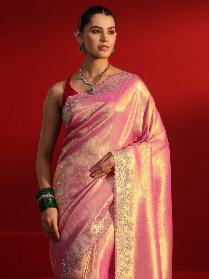 Libas Peach Floral Woven Design Silk Saree with Embellished Border