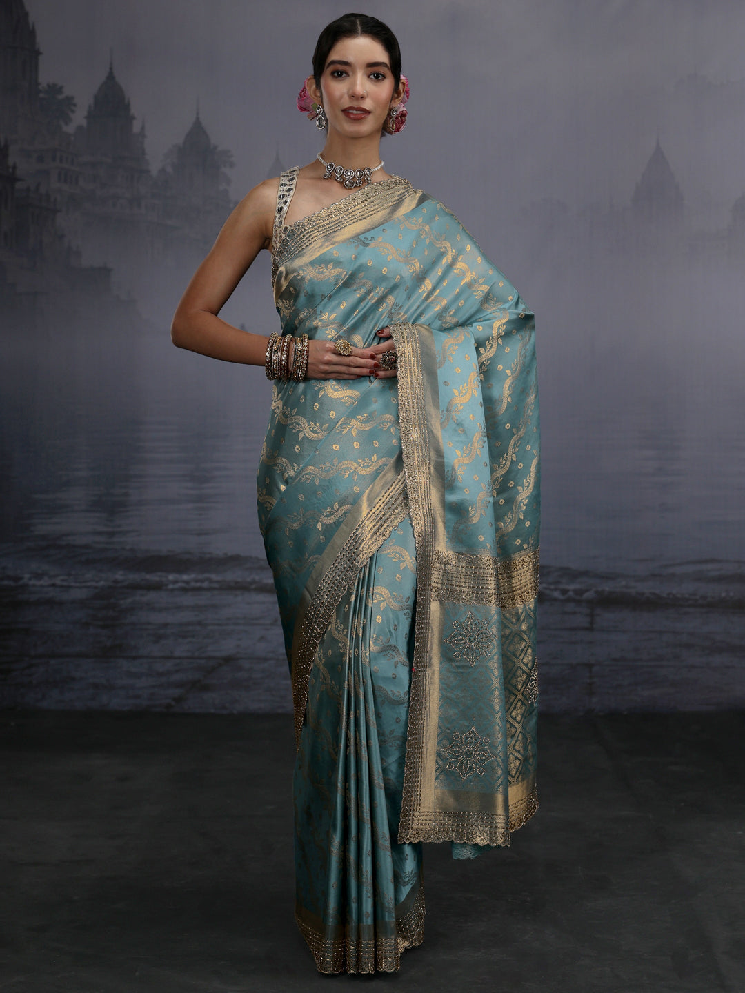 Libas Blue Woven Design Satin Saree with Embellished Pallu