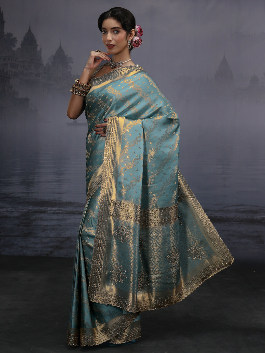 Libas Blue Woven Design Satin Saree with Embellished Pallu